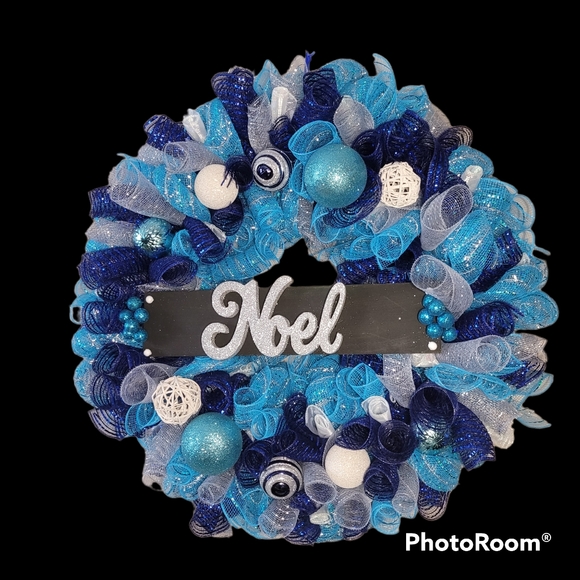 Large size Noel Blue and Silver Christmas Ornament Holiday Wreath - Picture 3 of 4